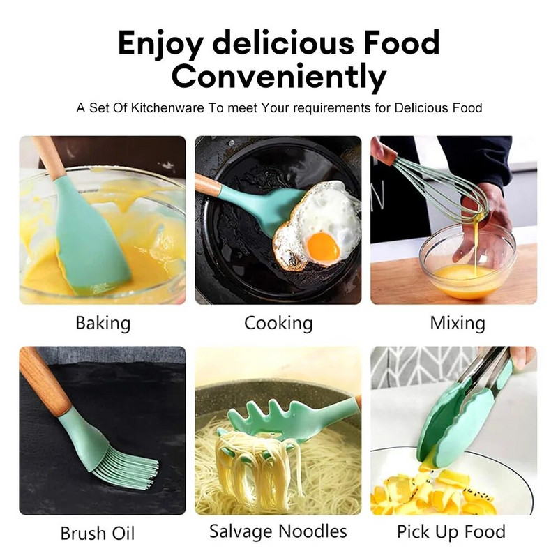 12 komada silikonskog kuhinjskog pribora s drvenom drškom otpornog na visoke temperature i neljepljivog lonca Lopatica i žlica s kantom za pohranu