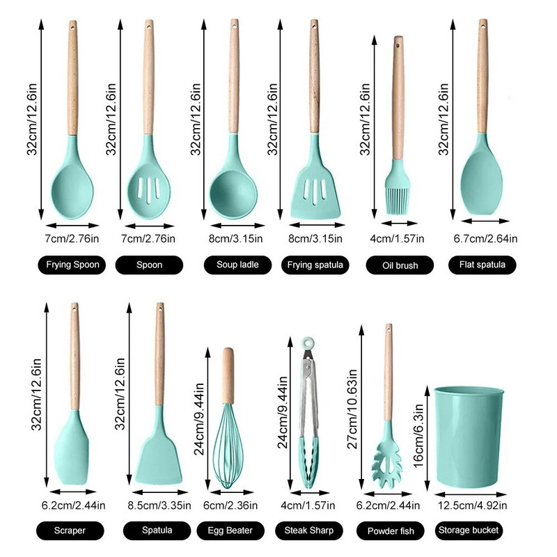 12 komada silikonskog kuhinjskog pribora s drvenom drškom otpornog na visoke temperature i neljepljivog lonca Lopatica i žlica s kantom za pohranu