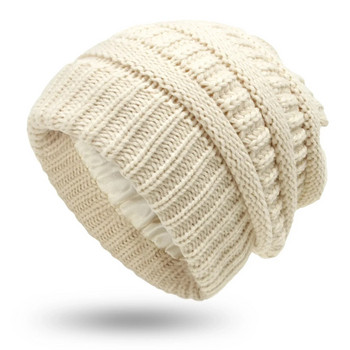 23 νέα χειμωνιάτικα καπέλα χειμωνιάτικα γυναικεία ανδρικά καπέλα πλεκτά με σατέν ριγέ μονόχρωμη επένδυση από μετάξι Χοντρό χοντρό καπάκι Μαλακό ζεστό καπέλο