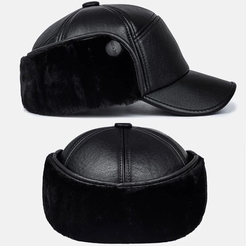 Zimska topla kapa Muške crne kožne krznene bejzbol kape Šeširi za muškarce Snapback Žene Casquette Bones Dad Caps Gorras Naušnice Thicken