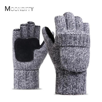 Unisex Plus Thick Male Fingerless Gloves Men Wool Winter Warm Exposed Finger Mittens Knitted Warm Flip Half Finger Gloves
