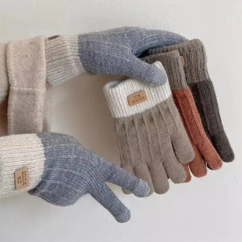 Őszi téli meleg kötött ujjas kesztyű egyszínű gyapjú érintőképernyős ujjatlan plüss vastagított puha kerékpáros vezetőkesztyű