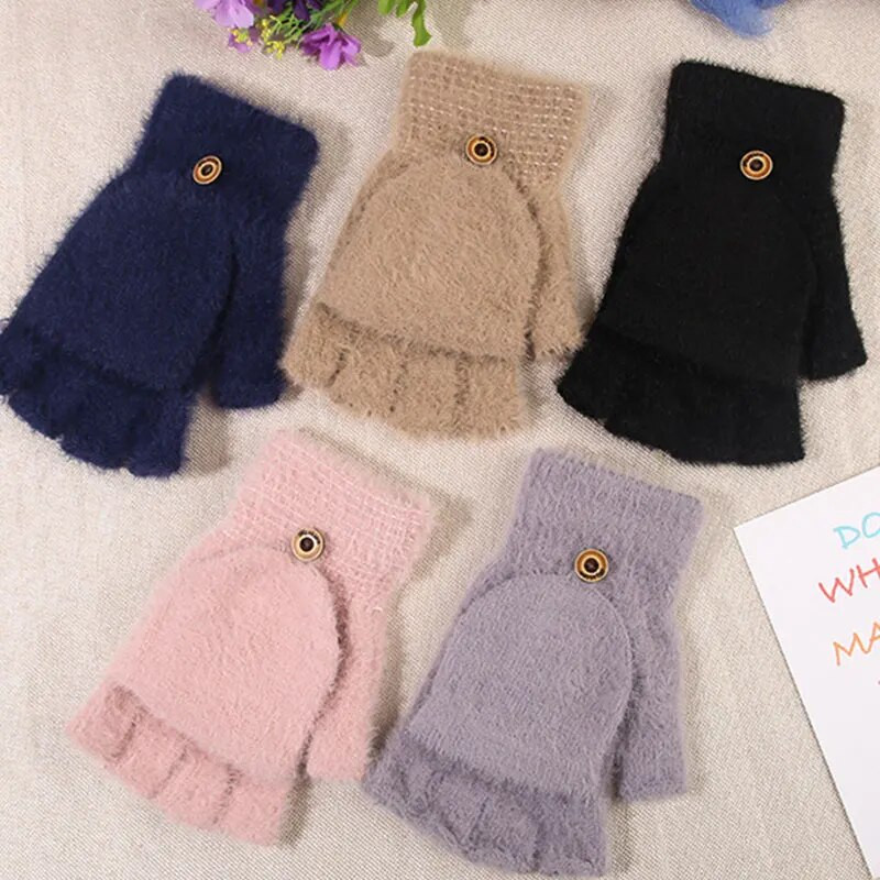 Ziemas silti sieviešu trikotāžas pārvelkami cimdi Sieviešu mīksta flīsa puspirksta vienkrāsaini cimdi, imitācijas ūdeles, ikdienas sieviešu cimdi