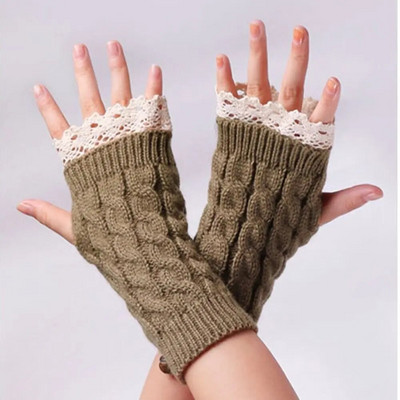 Lace Stitching Half Finger Gloves Winter Warm Knitted Wool Fingerless Gloves For Women Short Wrist Warmer