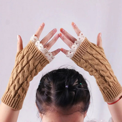 Γάντια με δαντέλα με μισό δάχτυλο Χειμερινά ζεστά πλεκτά μάλλινα γάντια χωρίς δάχτυλα για γυναίκες Κοντός θερμαντήρας καρπού