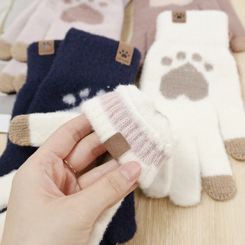 Γυναικεία πλεκτά χειμωνιάτικα χαριτωμένα γάντια αφής μαλακά βιζόν μαλλιά φθινοπωρινά ζεστά χοντρά γάντια χαριτωμένα μοτίβο γάτας Γάντια για κορίτσια Δώρα
