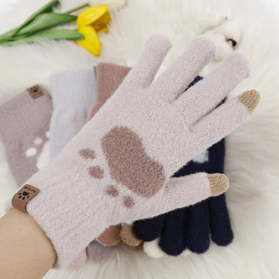 Mănuși drăguțe cu ecran tactil de iarnă tricotate pentru femei, păr de nurcă moale, toamnă, mănuși groase, calde, cu model labe de pisică, mănuși pentru fete, cadouri