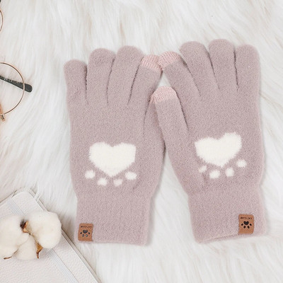 Moteriškos megztos žiemos mielos jutiklinės pirštinės minkštos audinės plaukai rudeniui šiltos storos pirštinės Mielos katės letenėlės raštas mergaičių pirštinės dovanos