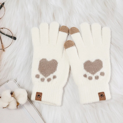 Moteriškos megztos žiemos mielos jutiklinės pirštinės minkštos audinės plaukai rudeniui šiltos storos pirštinės Mielos katės letenėlės raštas mergaičių pirštinės dovanos