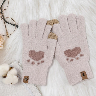 Moteriškos megztos žiemos mielos jutiklinės pirštinės minkštos audinės plaukai rudeniui šiltos storos pirštinės Mielos katės letenėlės raštas mergaičių pirštinės dovanos