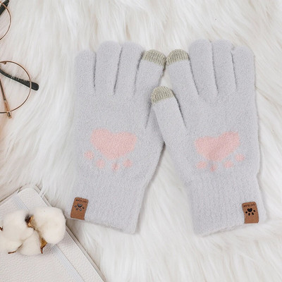 Moteriškos megztos žiemos mielos jutiklinės pirštinės minkštos audinės plaukai rudeniui šiltos storos pirštinės Mielos katės letenėlės raštas mergaičių pirštinės dovanos