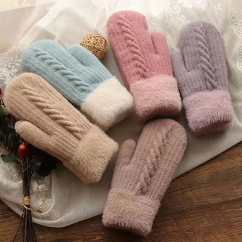 Зимни дамски топли плюс кадифе от вътрешната страна на китката, удебелени усукващи се плетени ръкавици с пълен пръст Велосипедни вълнени ръкавици, меки, сладки, прекрасни
