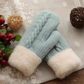 Зимни дамски топли плюс кадифе от вътрешната страна на китката, удебелени усукващи се плетени ръкавици с пълен пръст Велосипедни вълнени ръкавици, меки, сладки, прекрасни