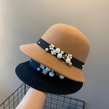 Vintage κομψό γυναικείο καπέλο Fedora ζεστό φθινοπωρινό καπέλο για γυναικεία μονόχρωμα χειμωνιάτικα μαλλί τσόχα φαρδύ γείσο Fedoras Γυναικεία καπέλα τζαζ