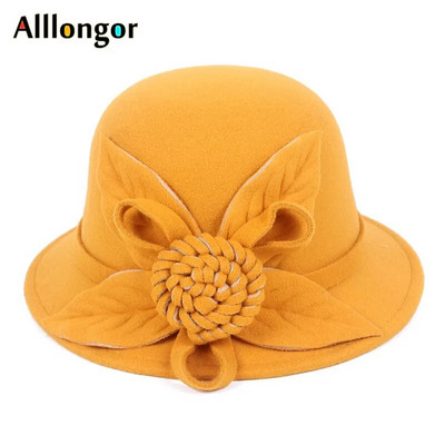 2023 m. žiemos retro stiliaus „Fedora“ skrybėlės, moteriškos „Chapeu femme feutre“ gėlėtos „Sombrero mujer“ „Bowler Hat“ Vintažinės formalios vilnos „Fedora“ veltinio kepurės