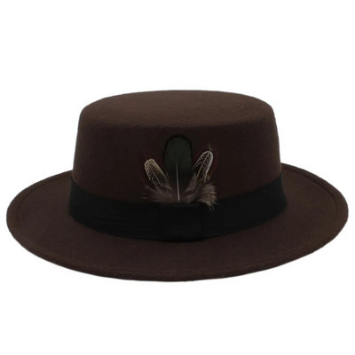 Χειμερινό φθινοπωρινό γυναικείο καπέλο Fedora για κομψή γυναικεία μάλλινη χοιρινή πίτα Boater Sombrero Mujer με καπέλα Fascinator με πούπουλα