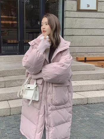 Зимни пухени якета за бременни Корейски модни топли дълги връхни дрехи за бременни жени Есенни бременни палта с качулка