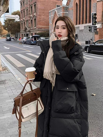 Зимни пухени якета за бременни Корейски модни топли дълги връхни дрехи за бременни жени Есенни бременни палта с качулка