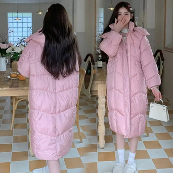 2023 Зимни пухени палта за бременни Големи размери Памучни връхни дрехи за бременни Дебели топли X-дълги свободни пухени якета с качулка за бременност