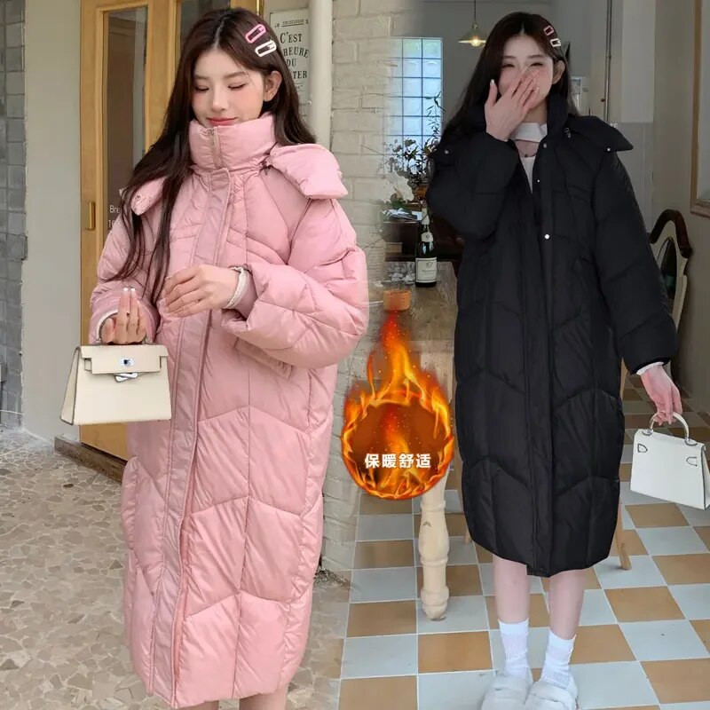 Πουπουλένια παλτό εγκυμοσύνης 2023 Plus Size Έγκυος Βαμβακερά εξωτερικά ενδύματα Χοντρά ζεστά X-Long χαλαρά μπουφάν εγκυμοσύνης με κουκούλα