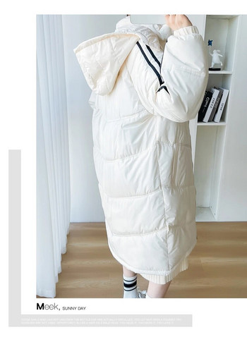 Χειμερινά πουπουλένια μπουφάν για έγκυες γυναίκες Παχύ βαμβακερό παλτό με κουκούλα Plus Size Ριγέ συνονθύλευμα εγκυμοσύνης Μαύρο Λευκό