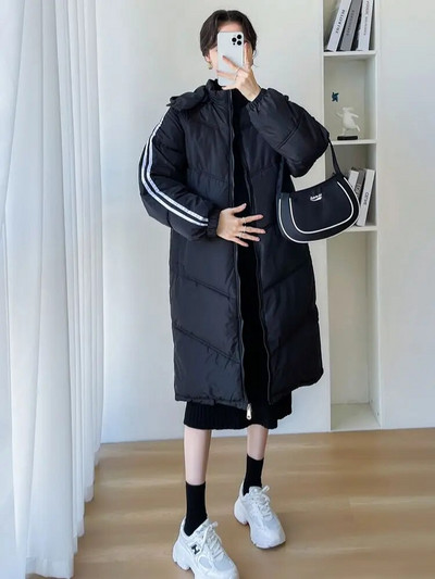 Χειμερινά πουπουλένια μπουφάν για έγκυες γυναίκες Παχύ βαμβακερό παλτό με κουκούλα Plus Size Ριγέ συνονθύλευμα εγκυμοσύνης Μαύρο Λευκό