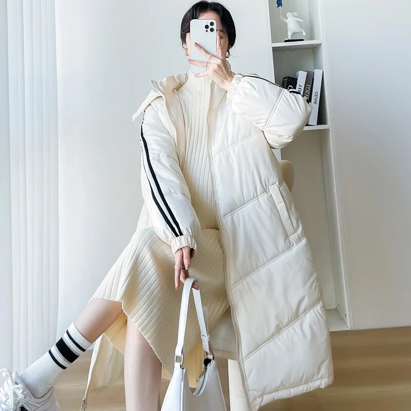 Χειμερινά πουπουλένια μπουφάν για έγκυες γυναίκες Παχύ βαμβακερό παλτό με κουκούλα Plus Size Ριγέ συνονθύλευμα εγκυμοσύνης Μαύρο Λευκό