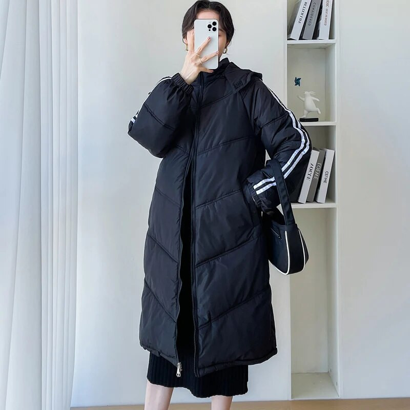 Χειμερινά πουπουλένια μπουφάν για έγκυες γυναίκες Παχύ βαμβακερό παλτό με κουκούλα Plus Size Ριγέ συνονθύλευμα εγκυμοσύνης Μαύρο Λευκό