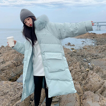 Зимно модерно яке с памучна подплата Топли палта за бременни с дълги ръкави и широки мъхести кожени яки с големи джобове