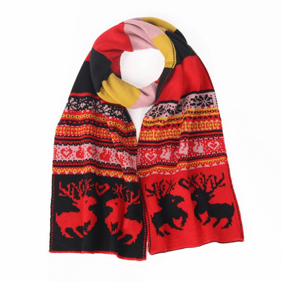 Коледен шал Дамски лосове Плетен зимен топъл удебелен вълнен червен коледен шал с елени 190x27 см Новогодишен празничен подарък