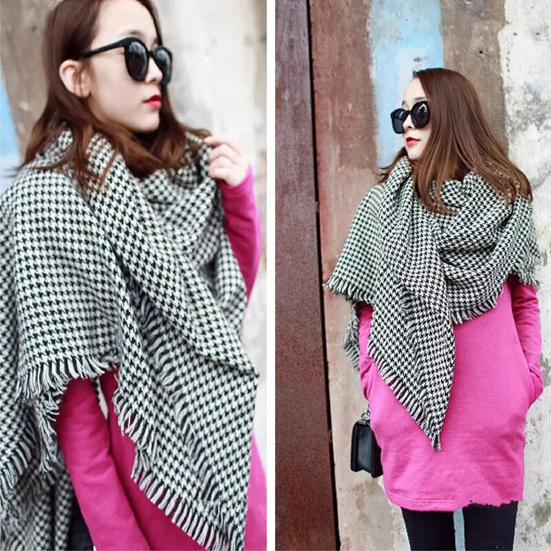 Ženski pokrivač robne marke, karirani crno-bijeli kašmir, topli debeli, dugi pašmina, ženski šalovi i šalovi
