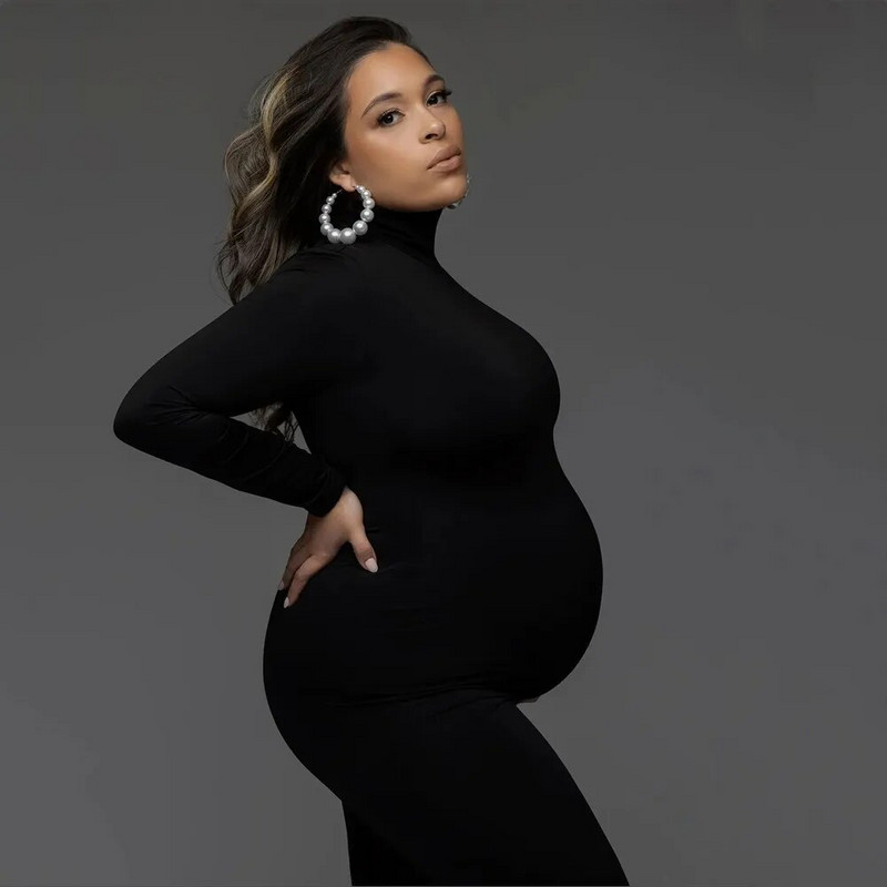 Rastezljive duge haljine za tuširanje djeteta s visokim izrezom, uske haljine za trudnice s punim rukavima