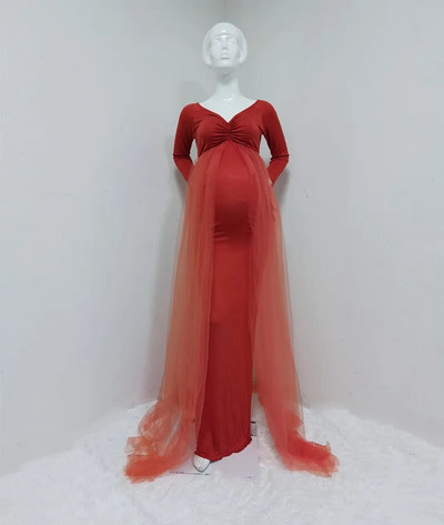 Baby Shower Duga haljina od tila Ukošeni izrez Rekviziti za trudničke fotografije Maxi haljina od tila Duga haljina za trudnice