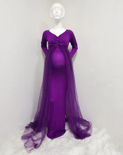 Baby Shower Duga haljina od tila Ukošeni izrez Rekviziti za trudničke fotografije Maxi haljina od tila Duga haljina za trudnice