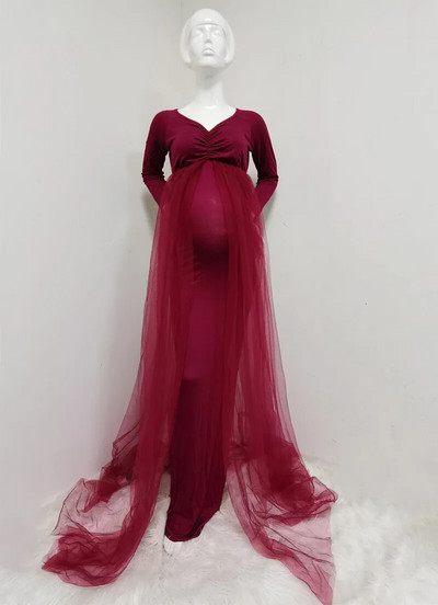 Baby Shower Duga haljina od tila Ukošeni izrez Rekviziti za trudničke fotografije Maxi haljina od tila Duga haljina za trudnice