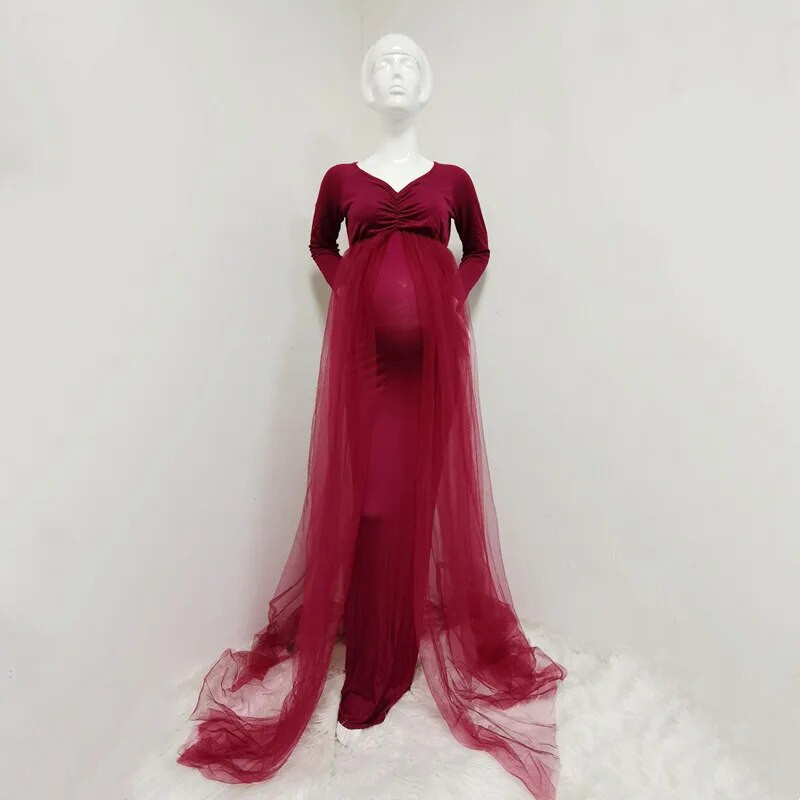 Baby Shower Duga haljina od tila Ukošeni izrez Rekviziti za trudničke fotografije Maxi haljina od tila Duga haljina za trudnice