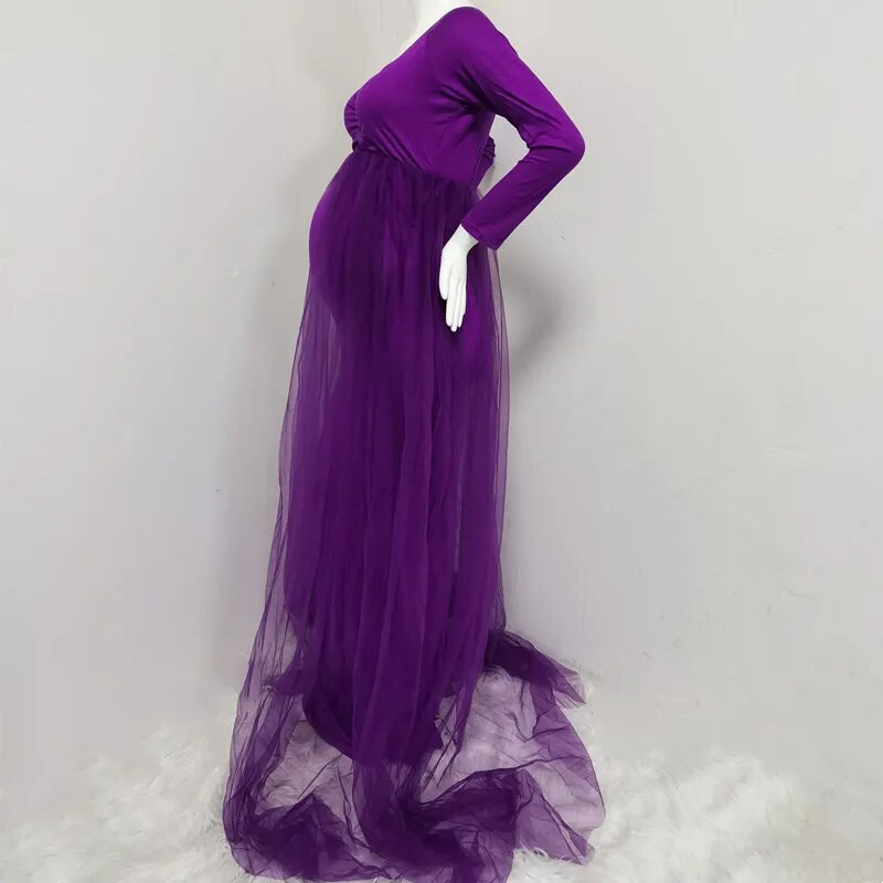 Baby Shower Duga haljina od tila Ukošeni izrez Rekviziti za trudničke fotografije Maxi haljina od tila Duga haljina za trudnice