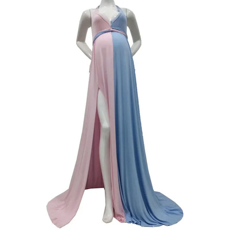 Rasedatele mõeldud kleidid fotosessiooniks Rannaroosad ja sinised õmmeldud riided rasedatele V-kaelusega lõhestatud seljata kleit