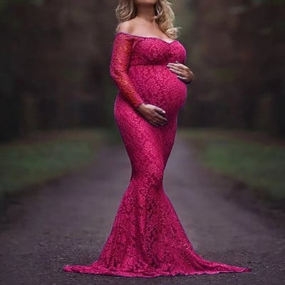 Odjeća za trudnice Čipka za trudnice s otvorenim ramenima V izrez Duga haljina za trudnice Otmjeni rekviziti za foto sesije