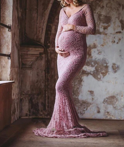 Odjeća za trudnice Čipka za trudnice s otvorenim ramenima V izrez Duga haljina za trudnice Otmjeni rekviziti za foto sesije
