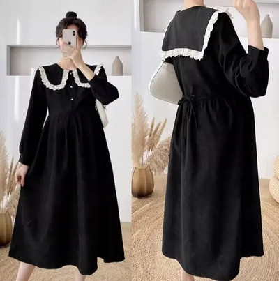 Rudens korejiešu stila brīva grūtnieču kleita ar garām piedurknēm, volāniem Pētera Pena apkakle grūtniecei A-līnijas kleita grūtniecēm