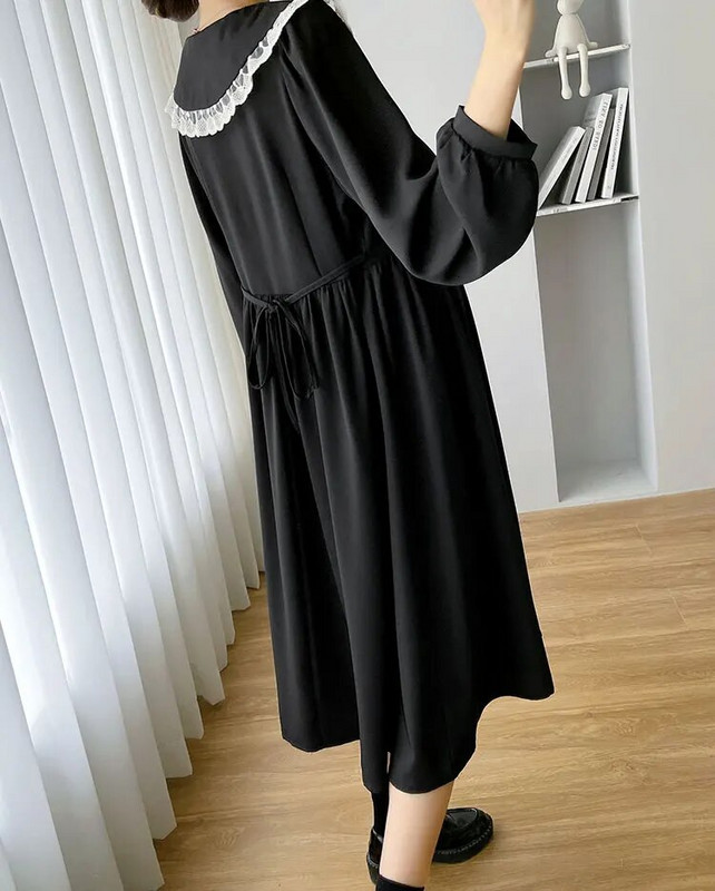 Rudens korejiešu stila brīva grūtnieču kleita ar garām piedurknēm, volāniem Pētera Pena apkakle grūtniecei A-līnijas kleita grūtniecēm