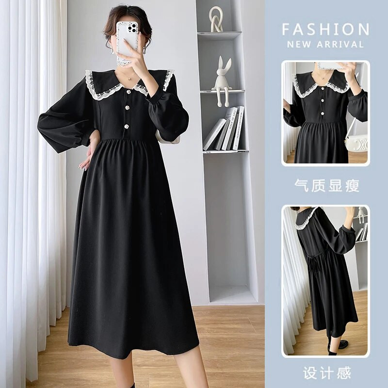 Rudens korejiešu stila brīva grūtnieču kleita ar garām piedurknēm, volāniem Pētera Pena apkakle grūtniecei A-līnijas kleita grūtniecēm