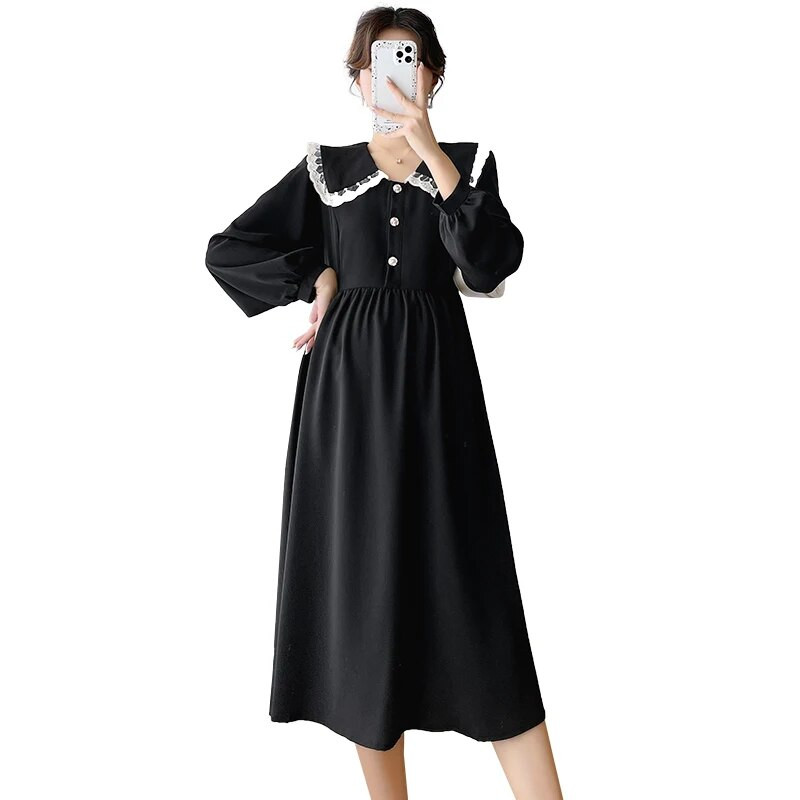 Rudens korejiešu stila brīva grūtnieču kleita ar garām piedurknēm, volāniem Pētera Pena apkakle grūtniecei A-līnijas kleita grūtniecēm