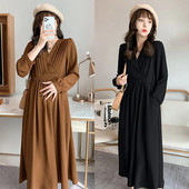 Pavasario rudens ilga nėščiųjų suknelė aukštu juosmeniu, plona linija, laisva nėščių moterų suknelė V formos iškirpte ilgomis rankovėmis nėščiosioms