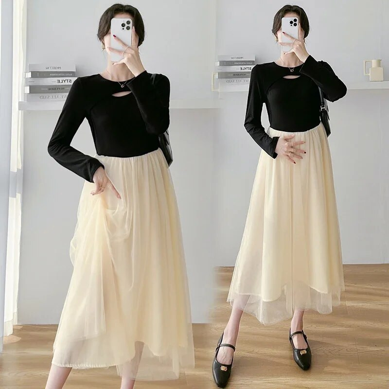 2024. Proljetna trudnička mrežasta haljina dugih rukava, izdubljenog ovratnika, elegantna haljina za trudnice, slatka haljina za princezu, slatka