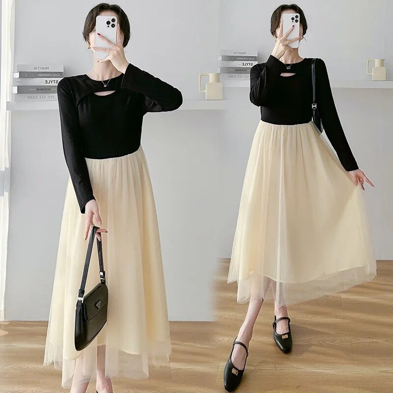 2024. Proljetna trudnička mrežasta haljina dugih rukava, izdubljenog ovratnika, elegantna haljina za trudnice, slatka haljina za princezu, slatka