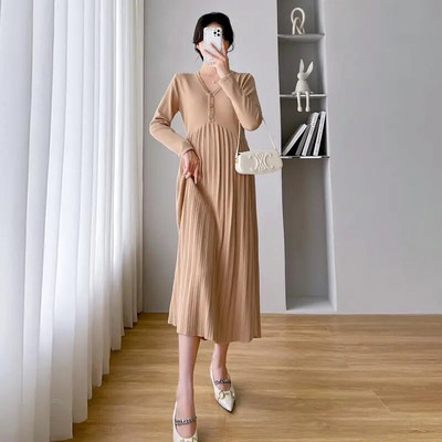 Őszi koreai kötött, hosszú ujjú, magas derekú patchwork, hajtogatott kismama ruha Divatos V-nyakú ruhák terhes nőknek Terhesség