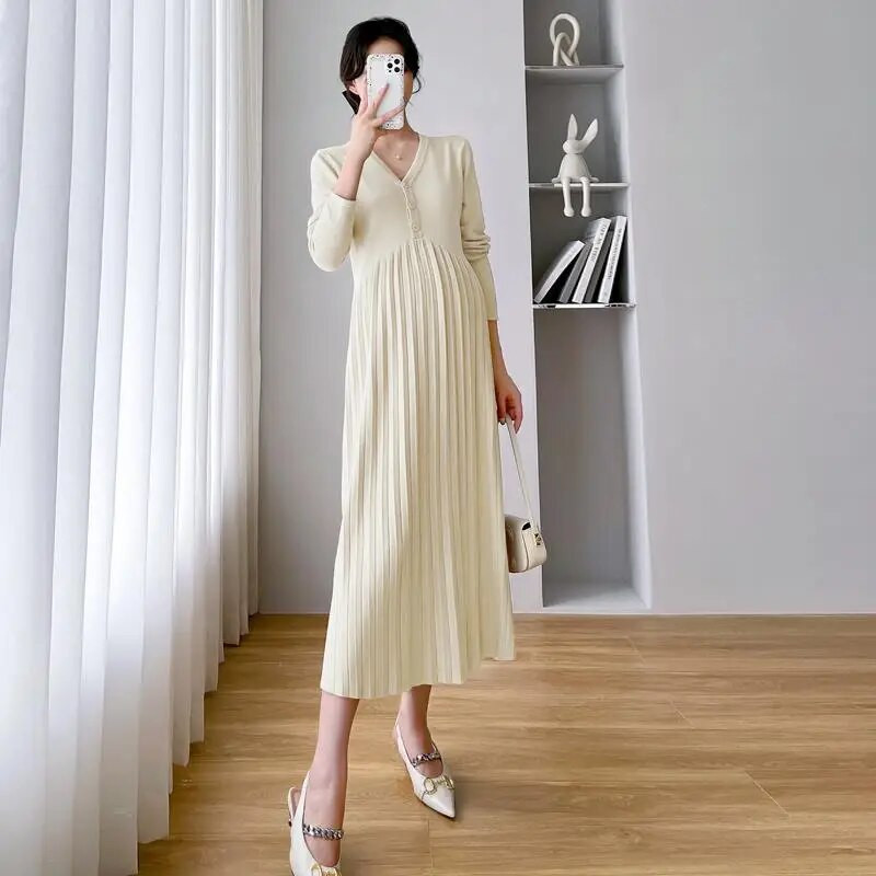 Őszi koreai kötött, hosszú ujjú, magas derekú patchwork, hajtogatott kismama ruha Divatos V-nyakú ruhák terhes nőknek Terhesség