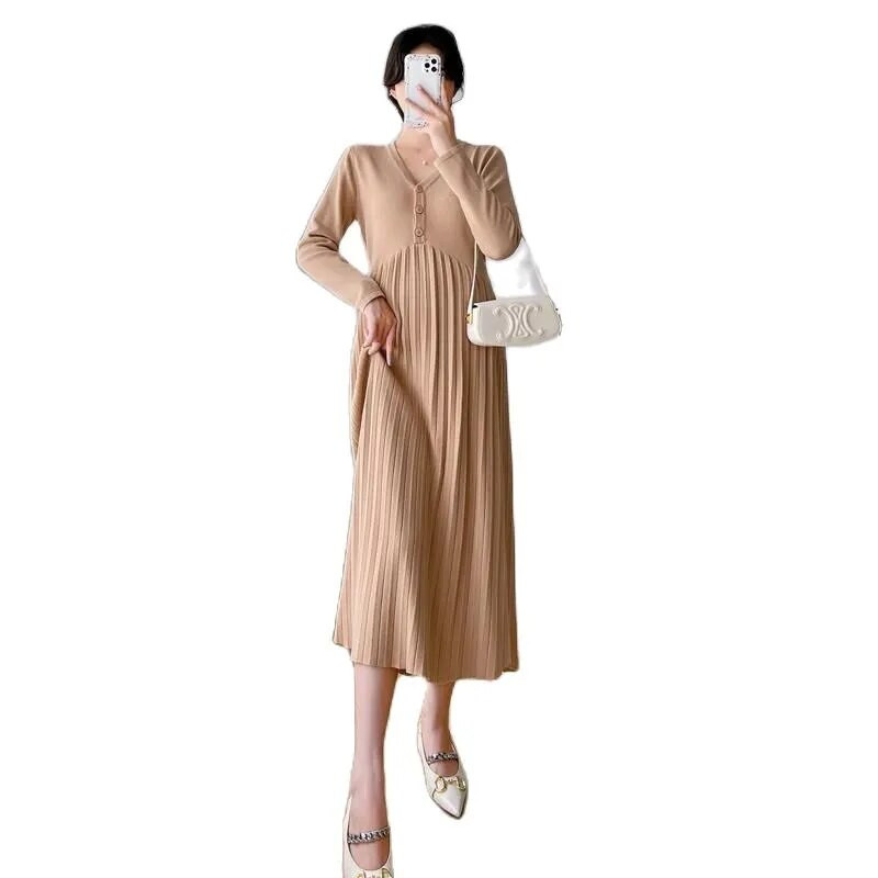 Őszi koreai kötött, hosszú ujjú, magas derekú patchwork, hajtogatott kismama ruha Divatos V-nyakú ruhák terhes nőknek Terhesség